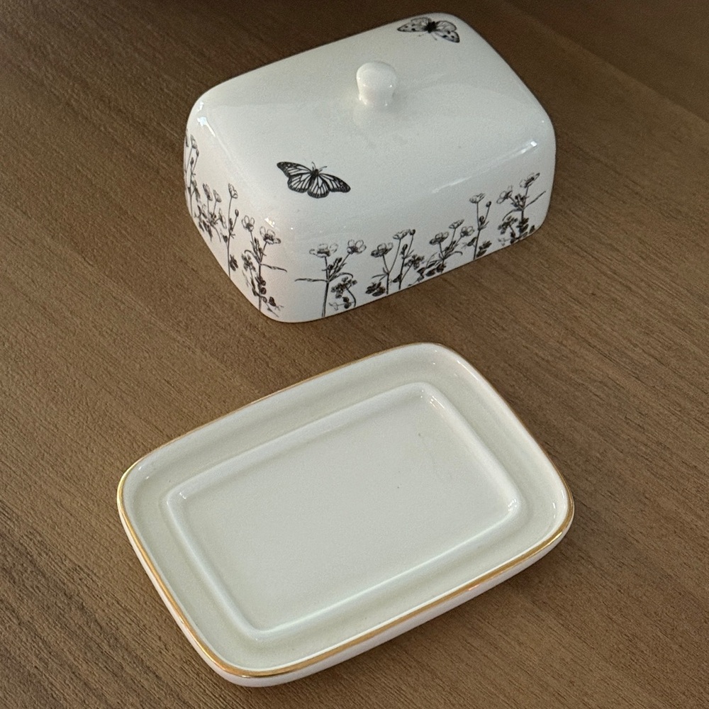 Butterfly Garden Covered Butter Dish | Gold Trim White Ceramic